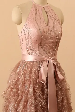 rose gold glitter overlaid keyhole halter neck dress