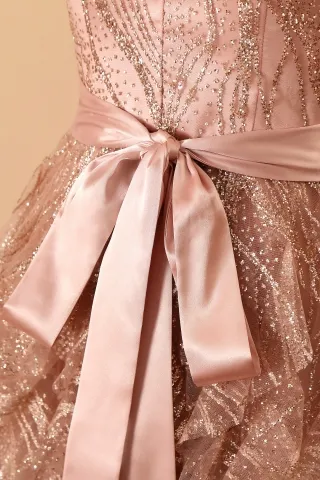 rose gold glitter overlaid satin dress
