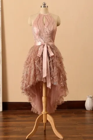 shiny rose gold glitter ruffled halter hi lo prom dress