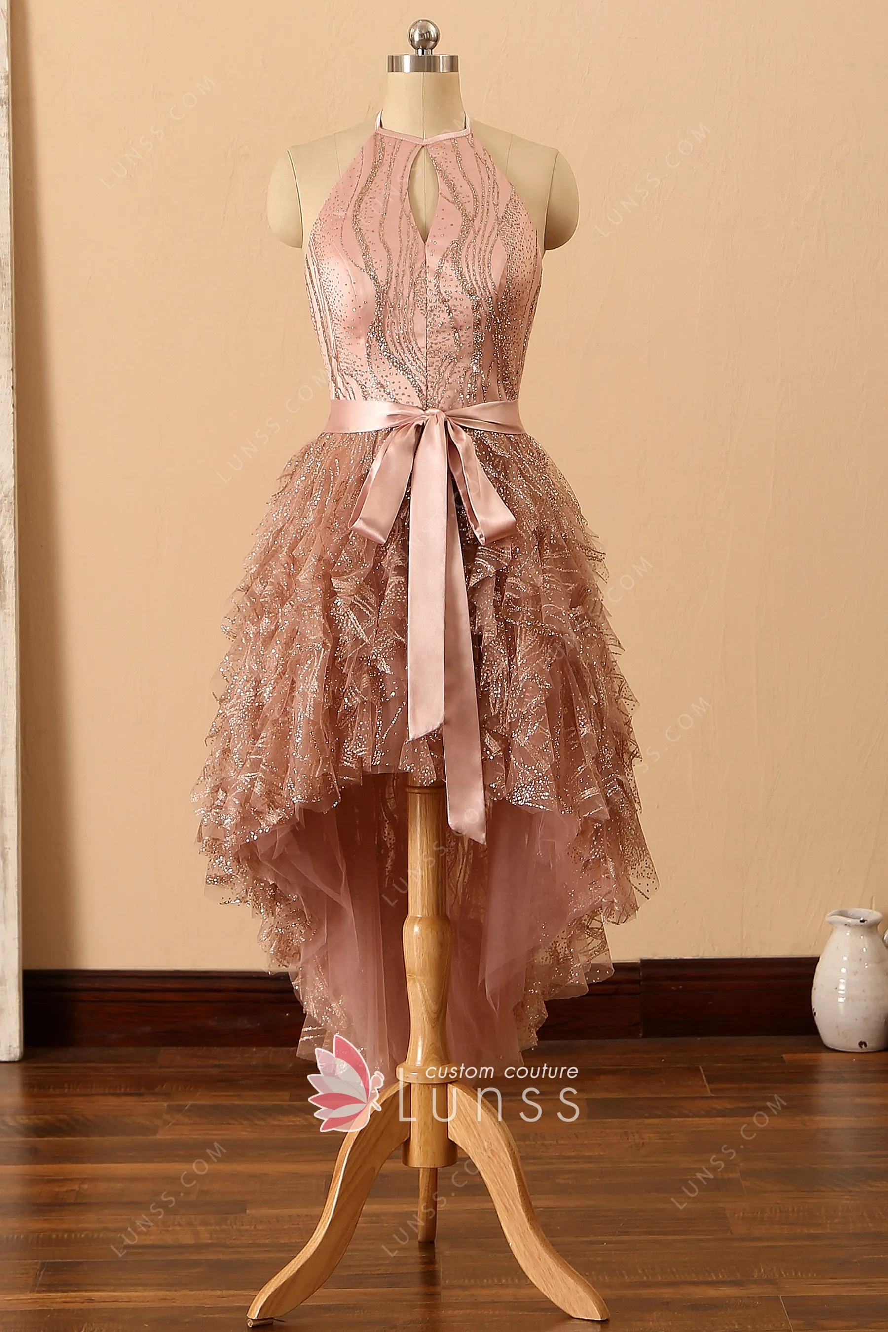 high low rose gold dress