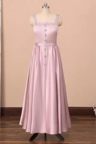 pearl pink satin crystals beaded square neck prom dress