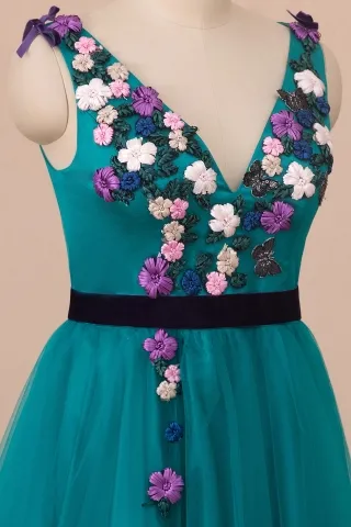 3d flowers embellished V neck teal dress