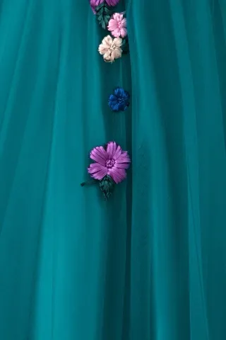 3d flowers embellished teal dress