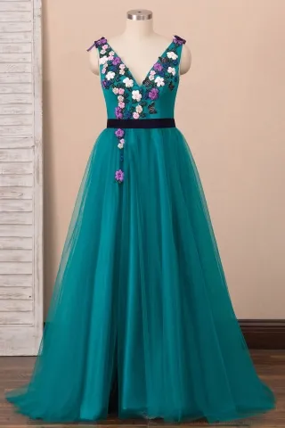 3d flowers embellished teal tulle long prom dress