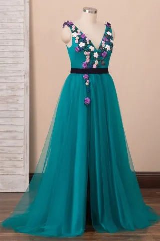 3d flowers teal tulle long prom dress
