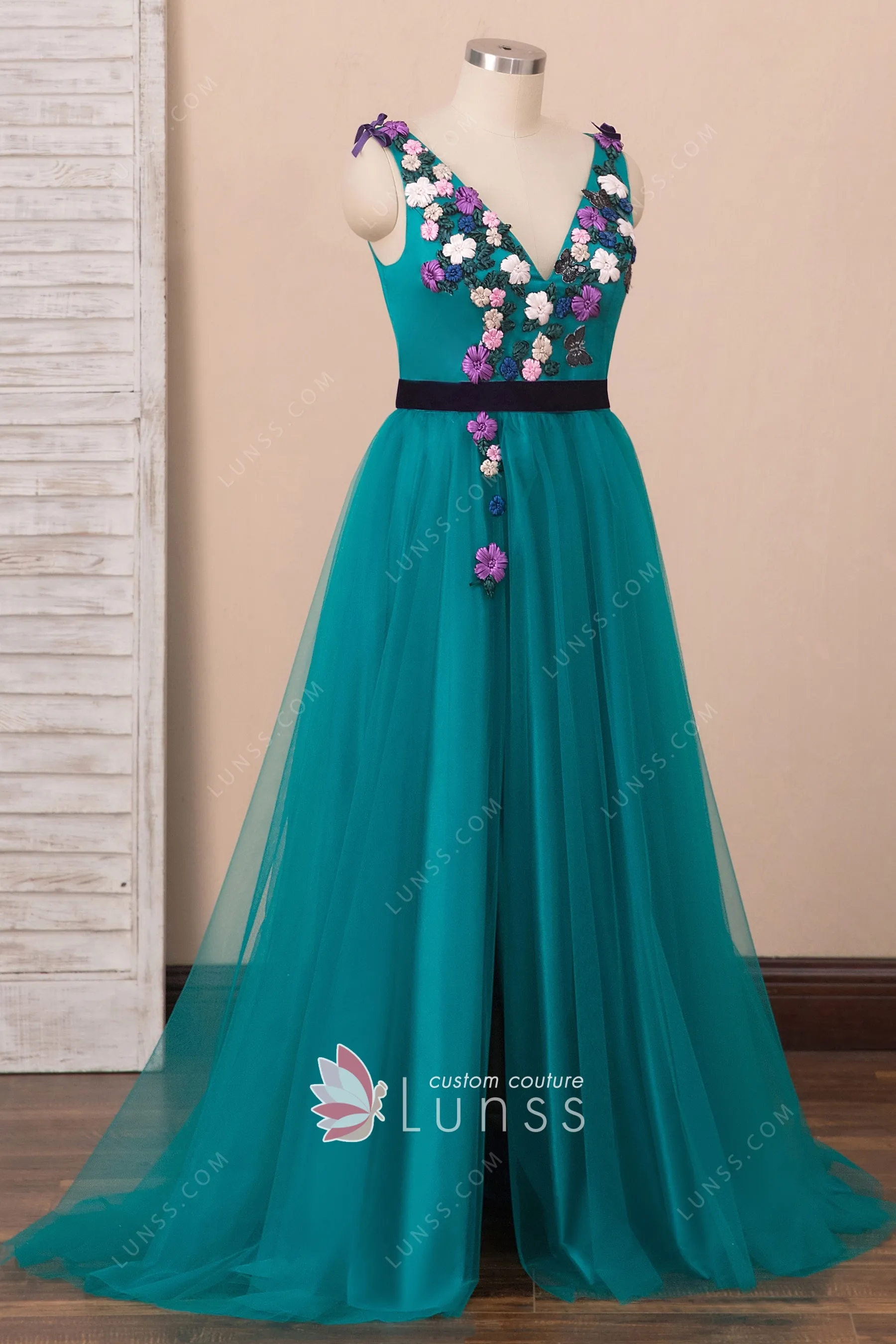 3D Flowers Embellished Teal Tulle Long Fairy Prom Dress Lunss