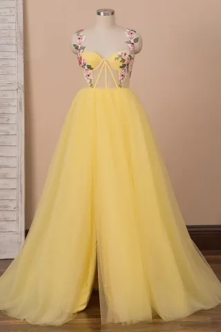 flower appliqued yellow tulle corset slit prom ball gown