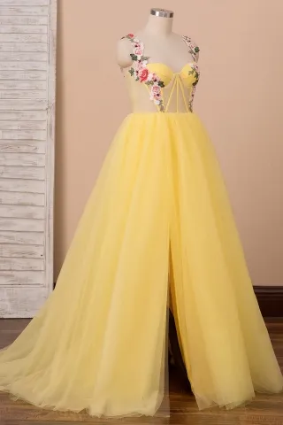 flower appliqued yellow tulle prom gown