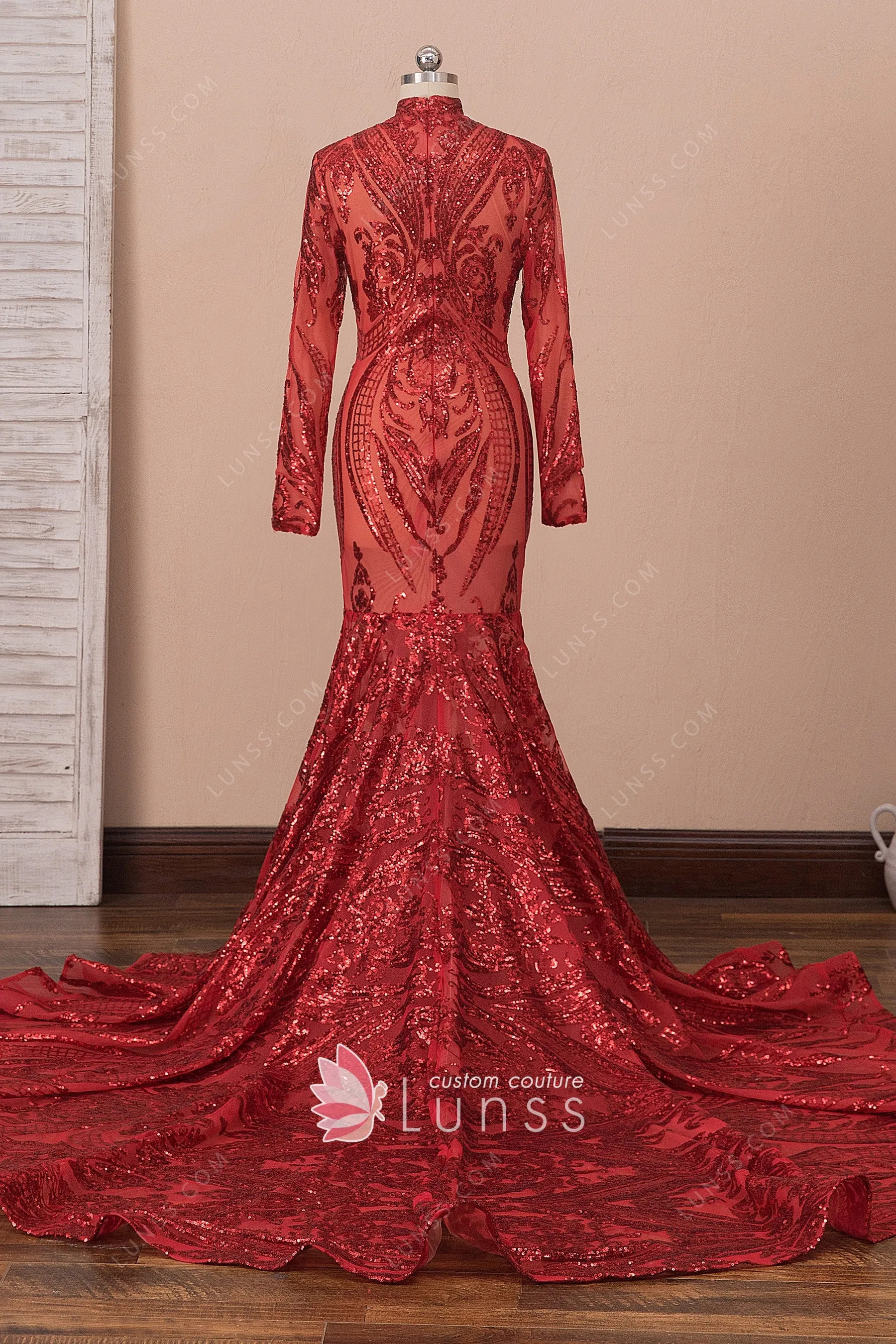 Unique Red Sequin Long Sleeve Mermaid 