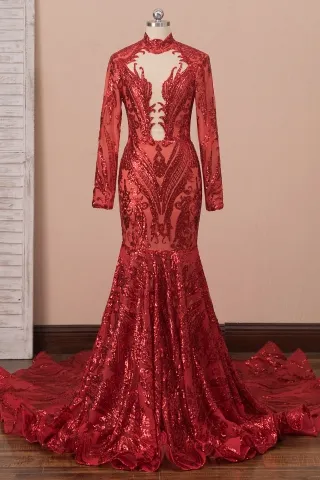 unique red sequin long sleeve mermaid prom dress