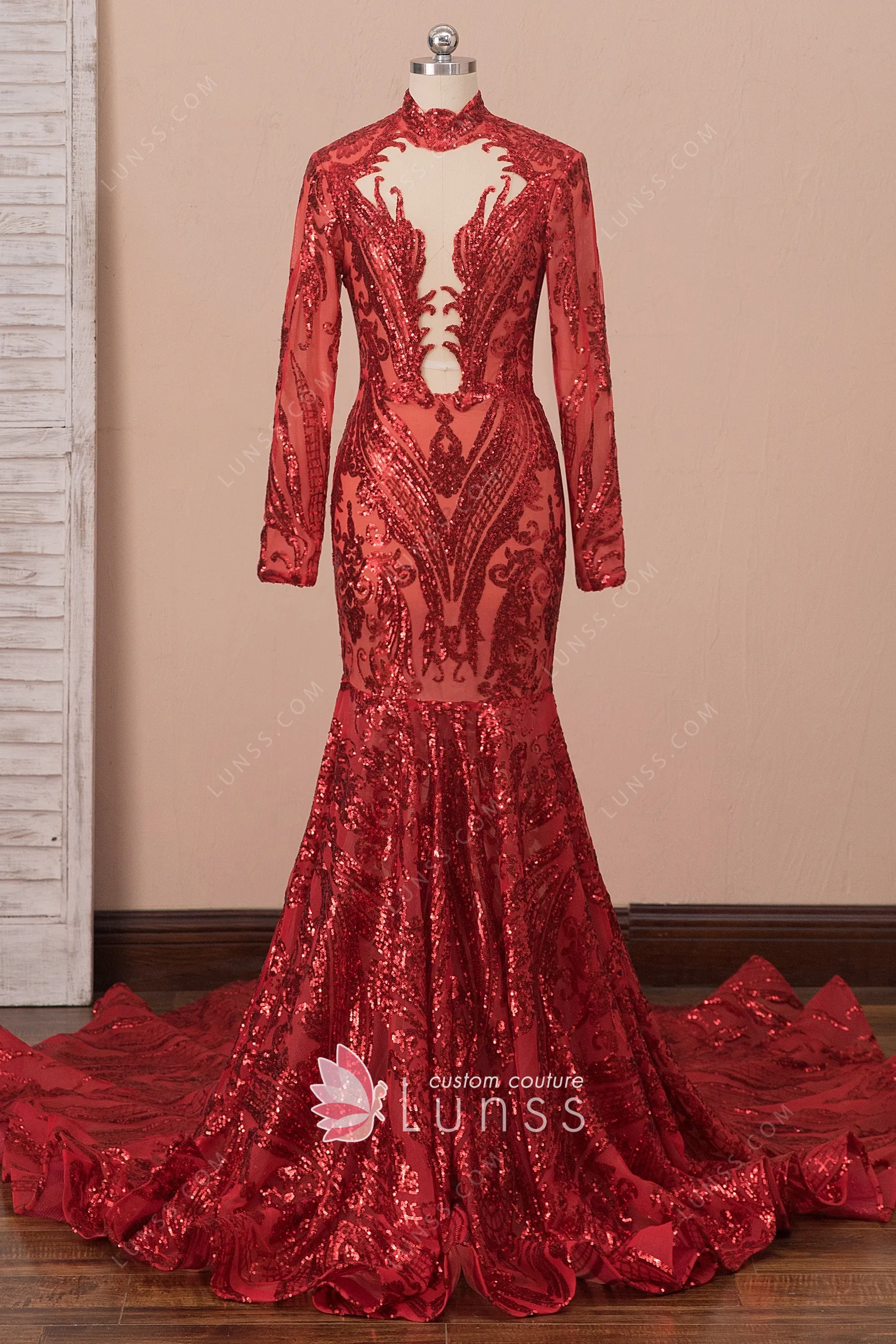 Unique Red Sequin Long Sleeve Mermaid 