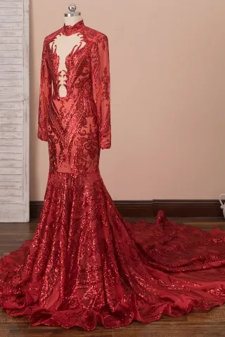 unique red sequin long sleeve prom dress