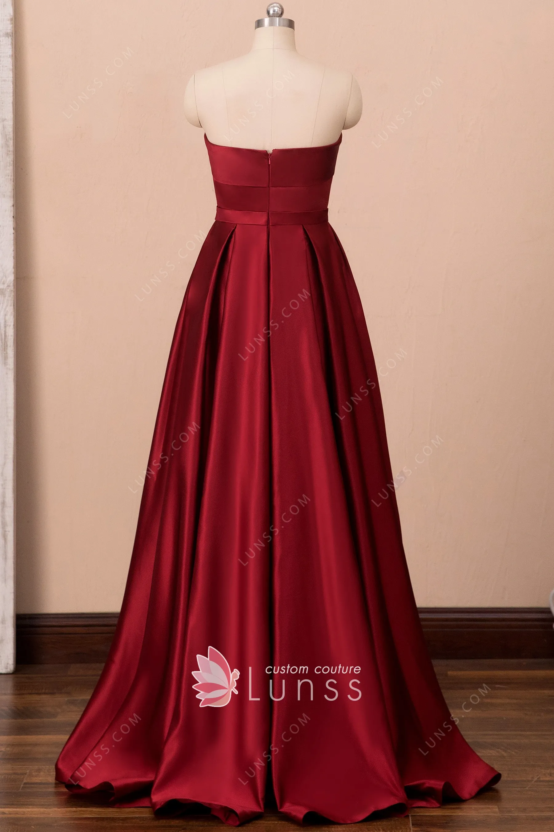 Red Satin Strapless Sleeveless Long Prom Dress with Front Slit main image 1