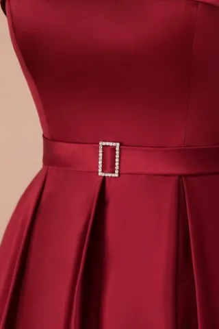 draped dark red satin dress
