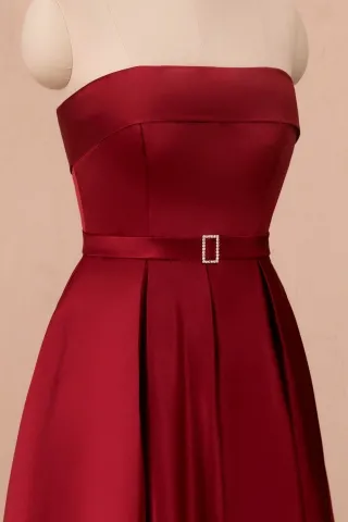 strapless dark red satin dress
