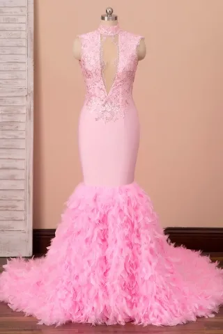 pink feather sequin lace high neck mermaid prom dress