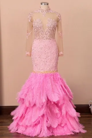gorgeous pink ostrich hair beaded sheer lace prom dress