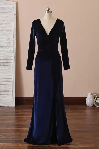 celebrity inspired navy velvet v neck long sleeve dress