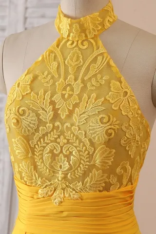 unique yellow lace halter neck dress