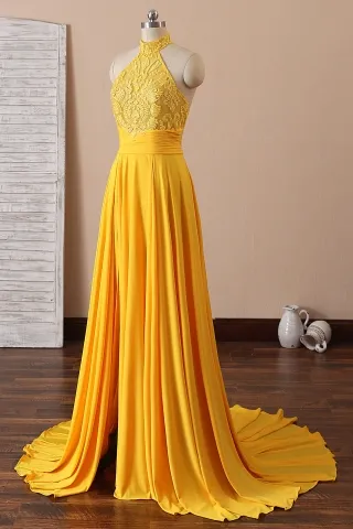 yellow lace and jersey slit prom dress