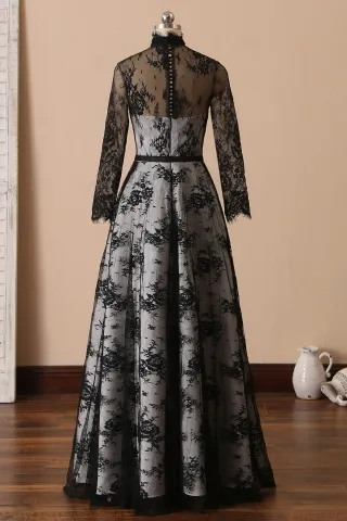 black lace overlay white satin inner sheer high neck long sleeved bridal dress