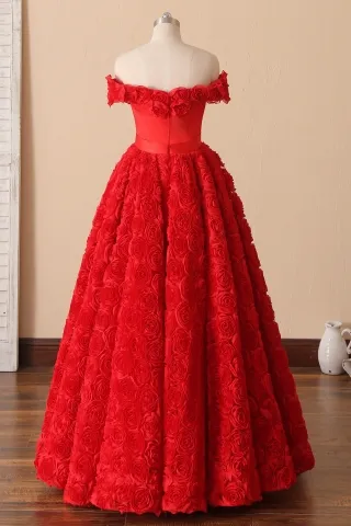 red 3D rosettes off the shoulder floor length ball gown birthday party dress