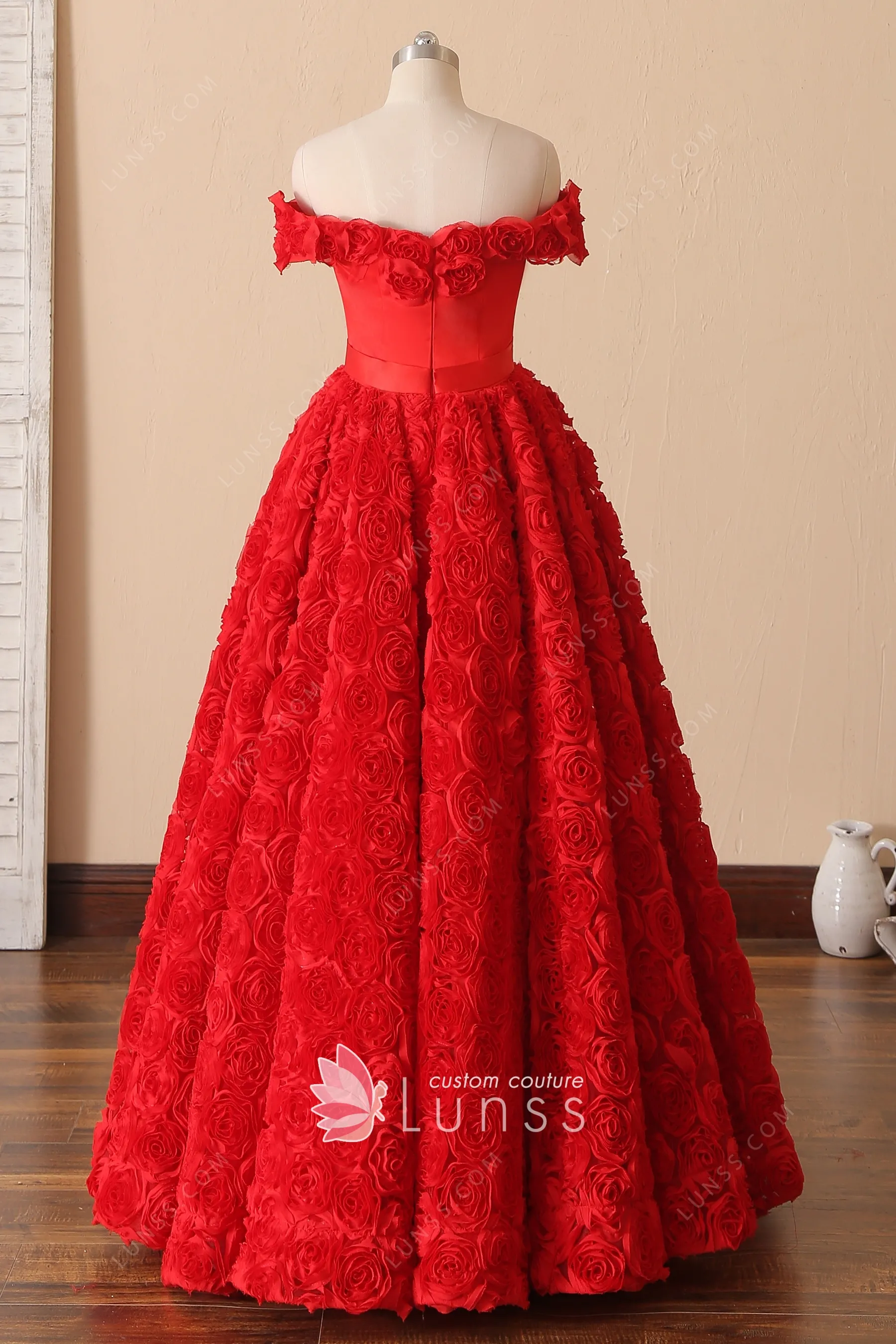 Red 3D Rose Offtheshoulder Ball Gown Birthday Dress Lunss