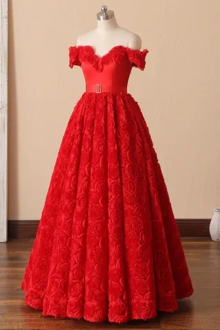 red 3d rose off the shoulder ball gown