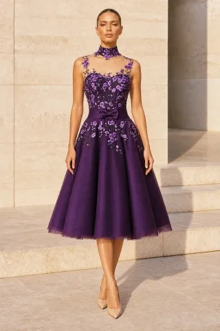 plum purple blossom knee length dress
