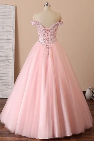 pearls and crystals beaded off shoulder lace up back basque waist prom ball gown