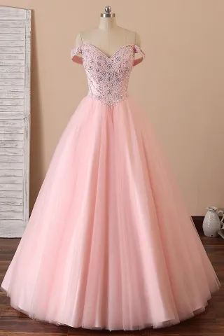 pink pearls and crystals beaded off the shoulder prom gown