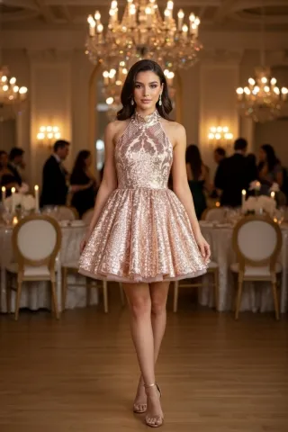 champagne gold sequin halter short prom dress