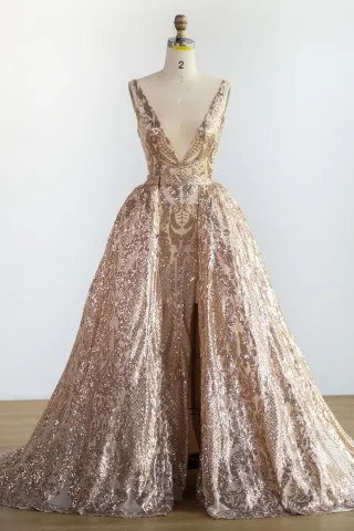 champagne gold sequin birthday prom gown with overskirt