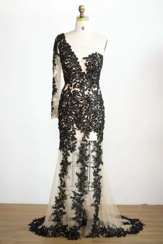 black beaded lace one sleeve sheer mermaid prom dress