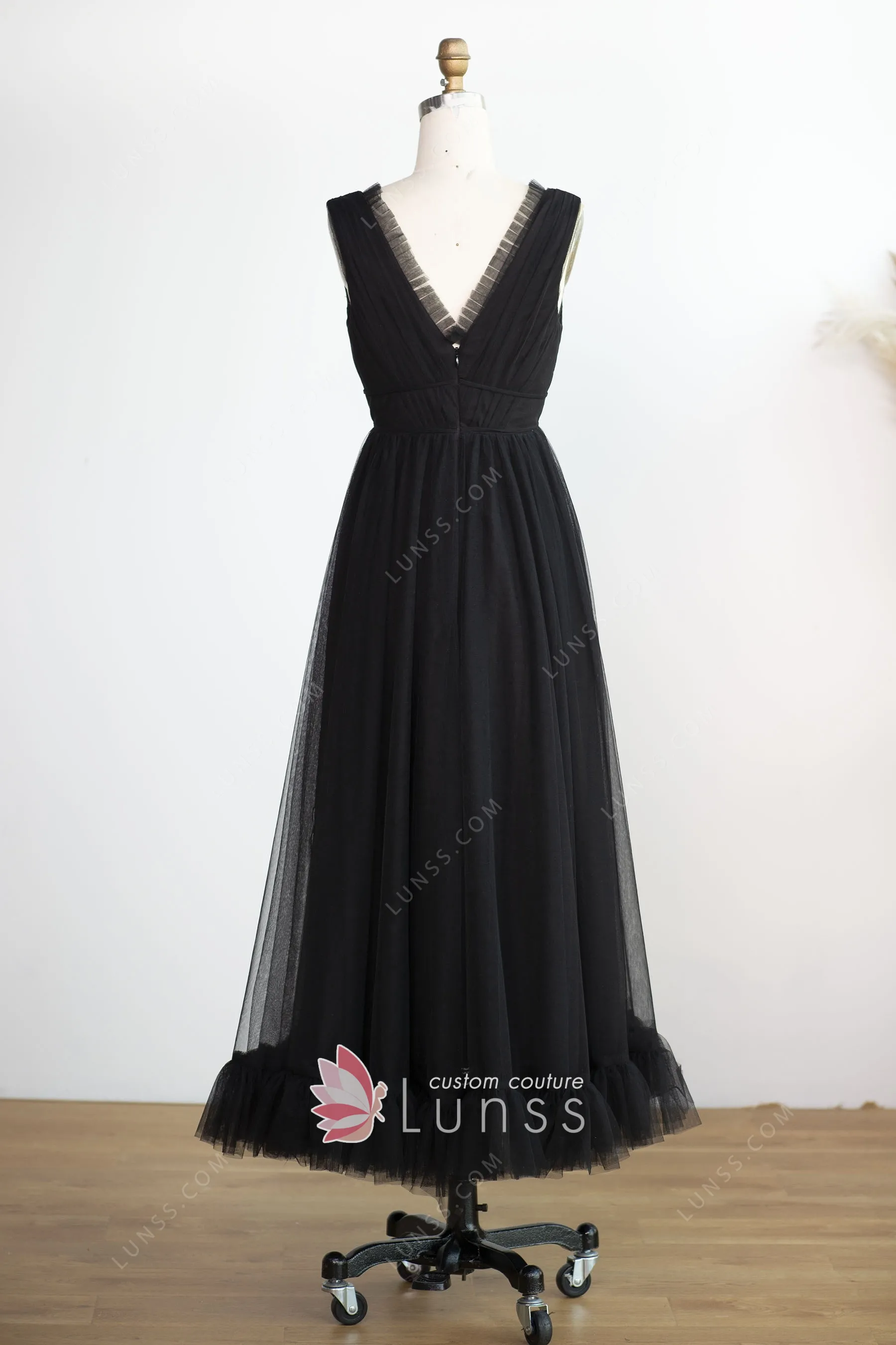 Ruffled Black Tulle Tealength Cute Evening Dress Lunss