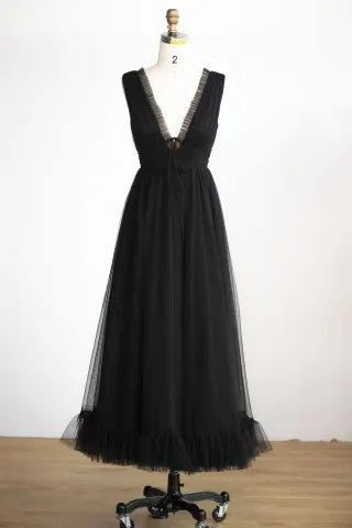 ruffled black tulle tea length cute evening dress
