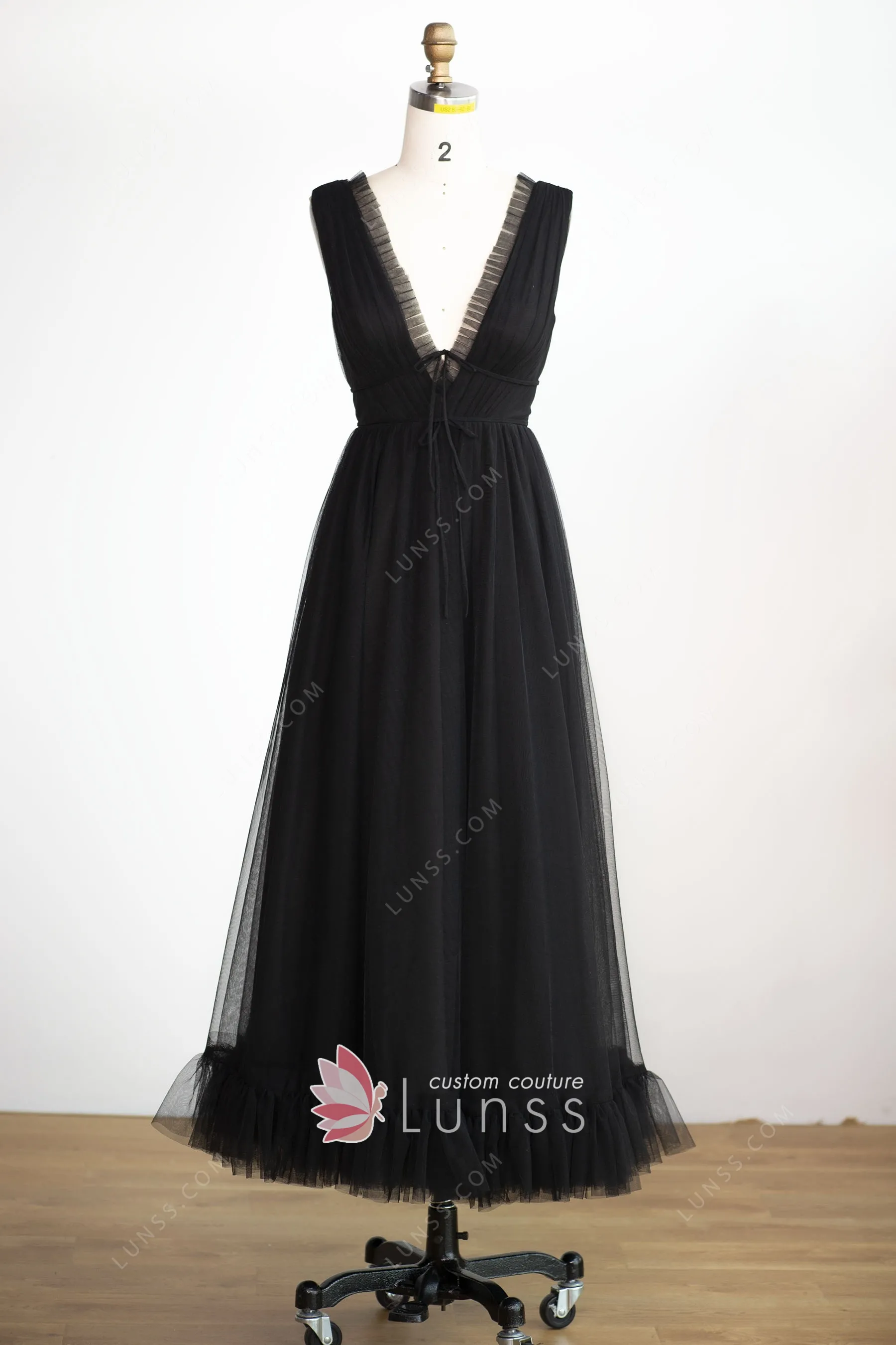 Ruffled Black Tulle Tealength Cute Evening Dress Lunss