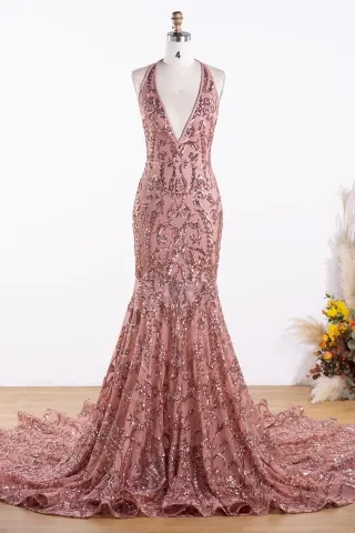rose gold sequin halter plunging neck mermaid prom dress