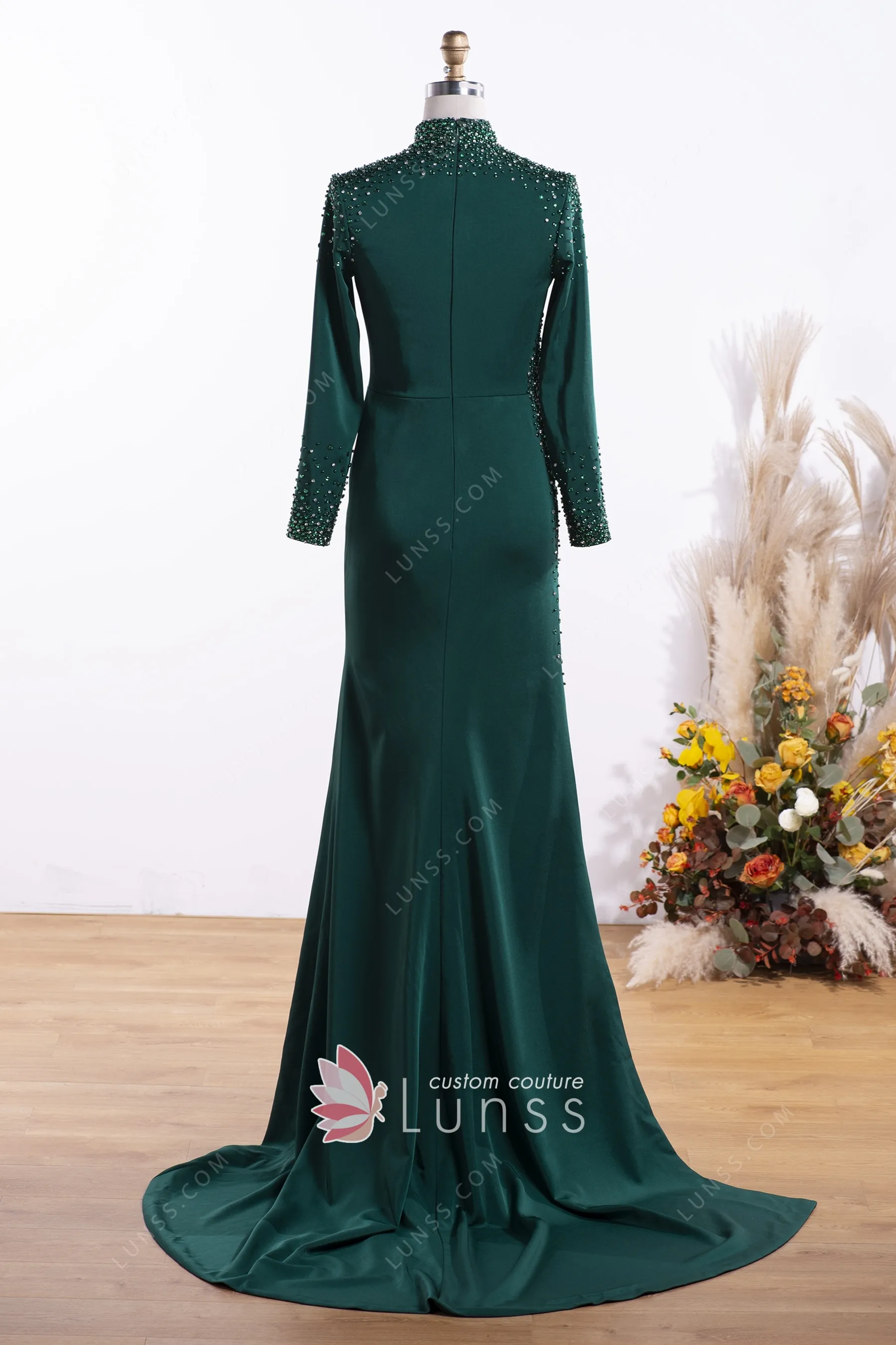 Lace And Chiffon Long Dress with Slit Emerald main image 0