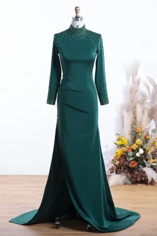 crystals beaded emerald satin long sleeve slit prom dress