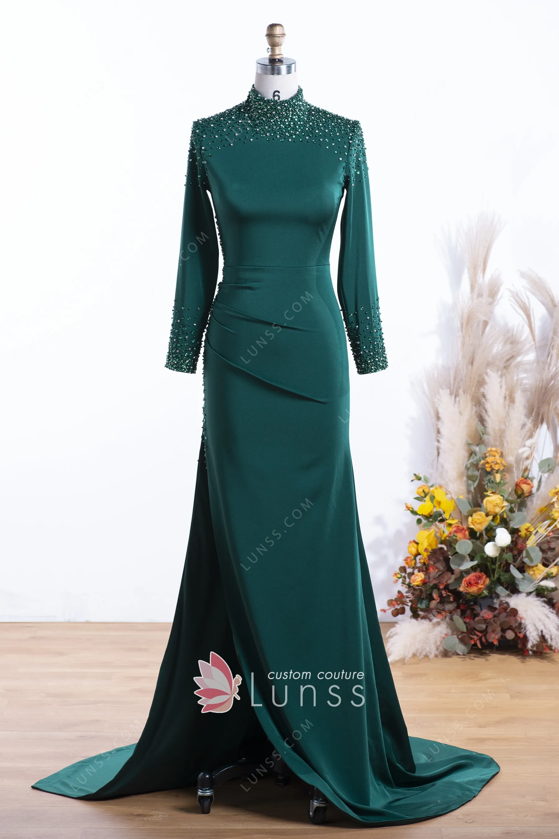 A-line Pearl Square Neck Long Sleeve Slit Dress Emerald