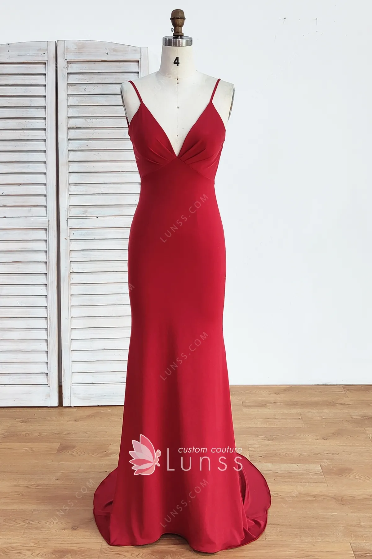 red v neck mermaid open back jersey bridesmaid dress