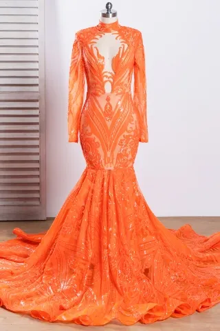 orange unique pattern sequin mermaid prom dress