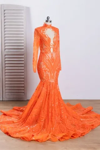 orange unique pattern sequin prom dress