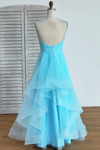 open back pool blue ruffled tulle floor length prom dress