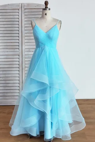 pool blue criss cross pleated ruffled tulle prom dress