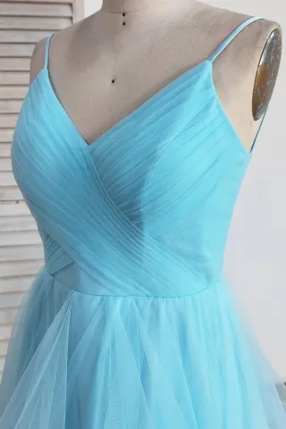 pool blue spaghetti straps criss cross pleated tulle dress