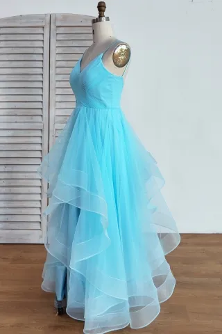 spaghetti straps pool blue a line ruffled tulle prom dress