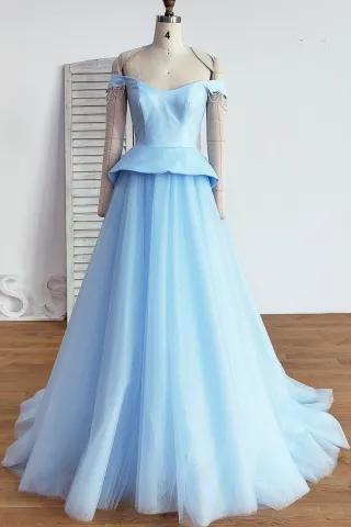 light blue off shoulder peplum A line tulle prom dress