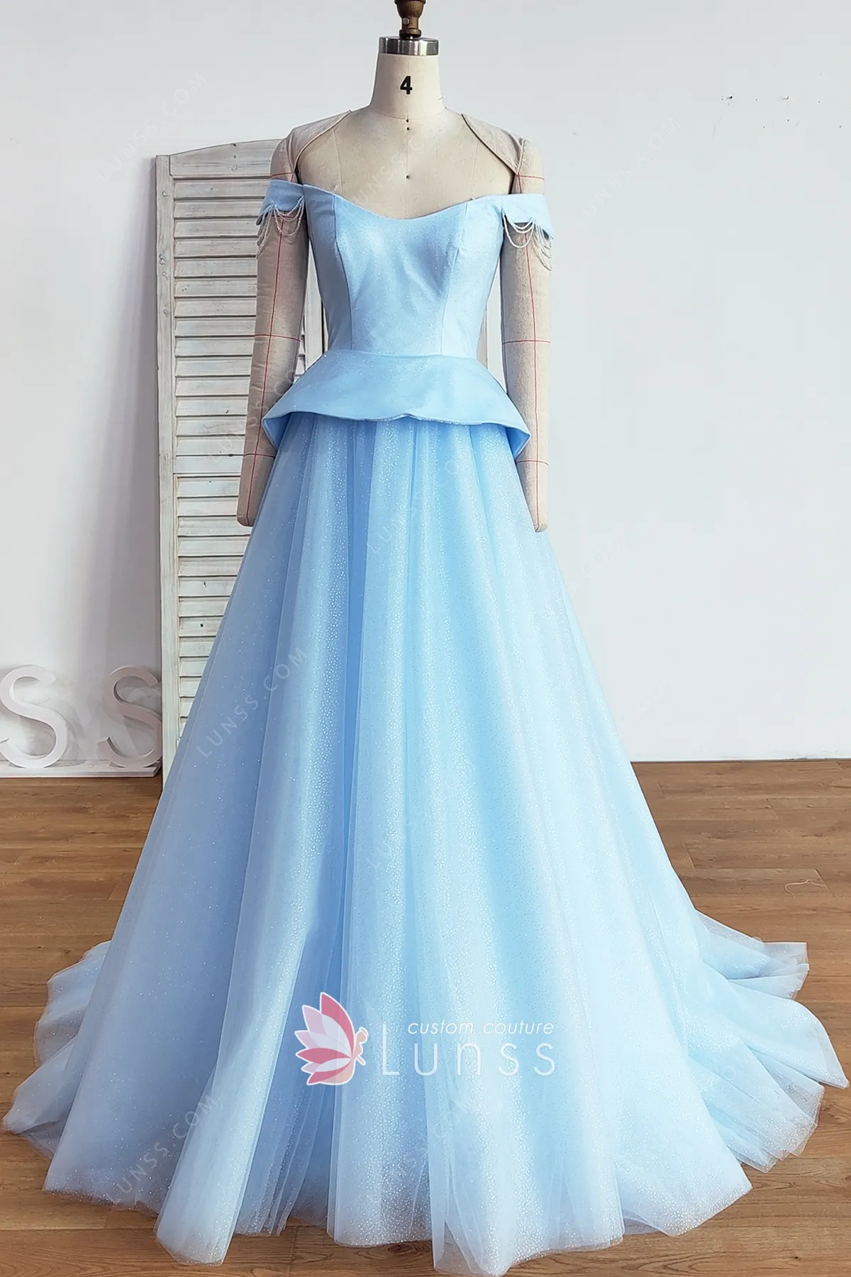 Light Blue Off Shoulder Peplum A-line Tulle Prom Dress - Lunss